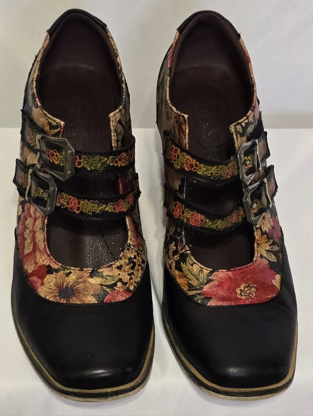 L'Artiste Spring Step Glena Leather Floral Mary Jane Wedge Shoes Size 8.5